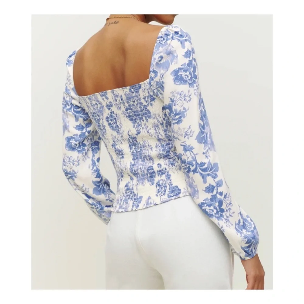 Reformation Reign Top Olympia White Blue Floral Smocked Long Sleeve in size 2 - Picture 2 of 15